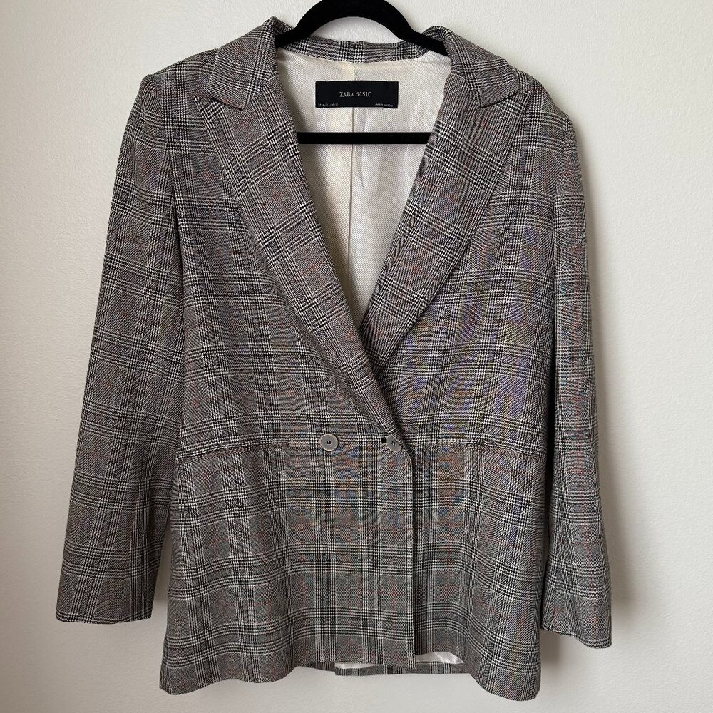 Zara Basic gray plaid double-breasted blazer - image 1